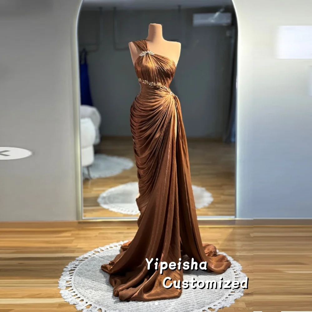 

Customized Chocolate One Shoulder Evening Gowns Ruched Satin Pleated Prom Dress Women Formal Occasion Party Dress