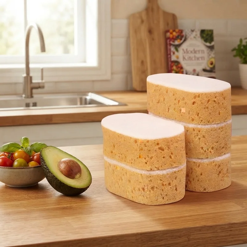 1/2/4pcs Oval Double-sided Wood Pulp Dish Sponge Kitchen Bowl Pot Scrubber Cleaning Sponge Household Tableware Washing Tool