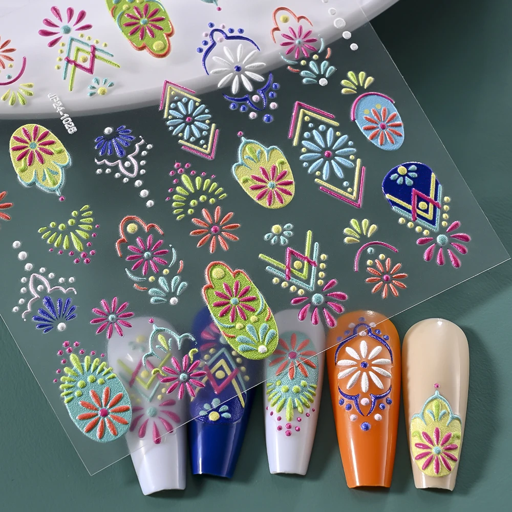 1pc 5D Bohemen Nail Art Stickers Retro Stijl Daisy Flower Nail Decals Soft Relief Zelfklevende Nail Art Decoratie Benodigdheden DIY