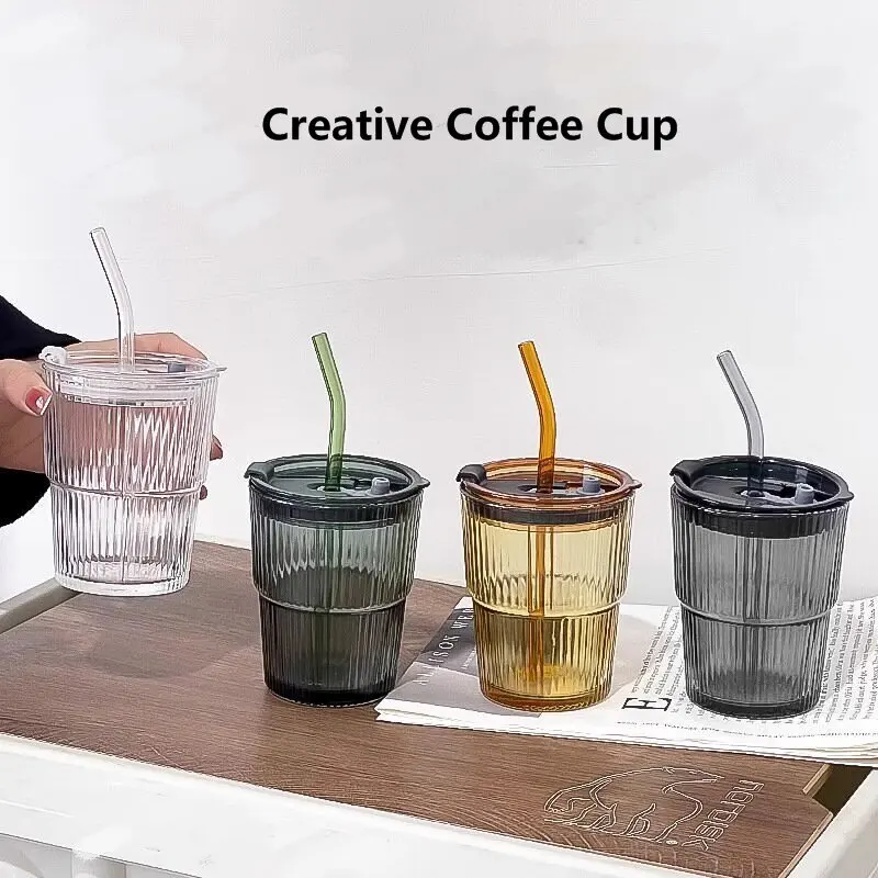 450ml Creative Stripe Glass Cup Transparent Glasses with Lid and Straw Coffee Mug Tea Cup Juice Glass Milk Water Cup Drinkware