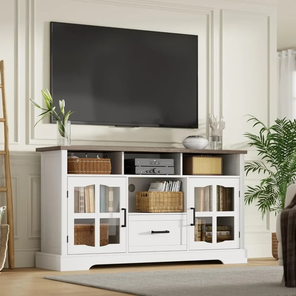 

Farmhouse TV Stand for 75 Inch TV, Modern Entertainment Center with Glass Cabinet Doors, TV Console with Adjustable Shelves