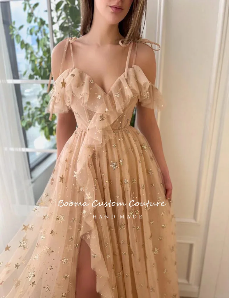 Booma Champagne Starry Tulle Prom Dresses Spaghetti Straps Ruffles High Slit A-Line Party Dresses Maxi Formal Evening Gowns