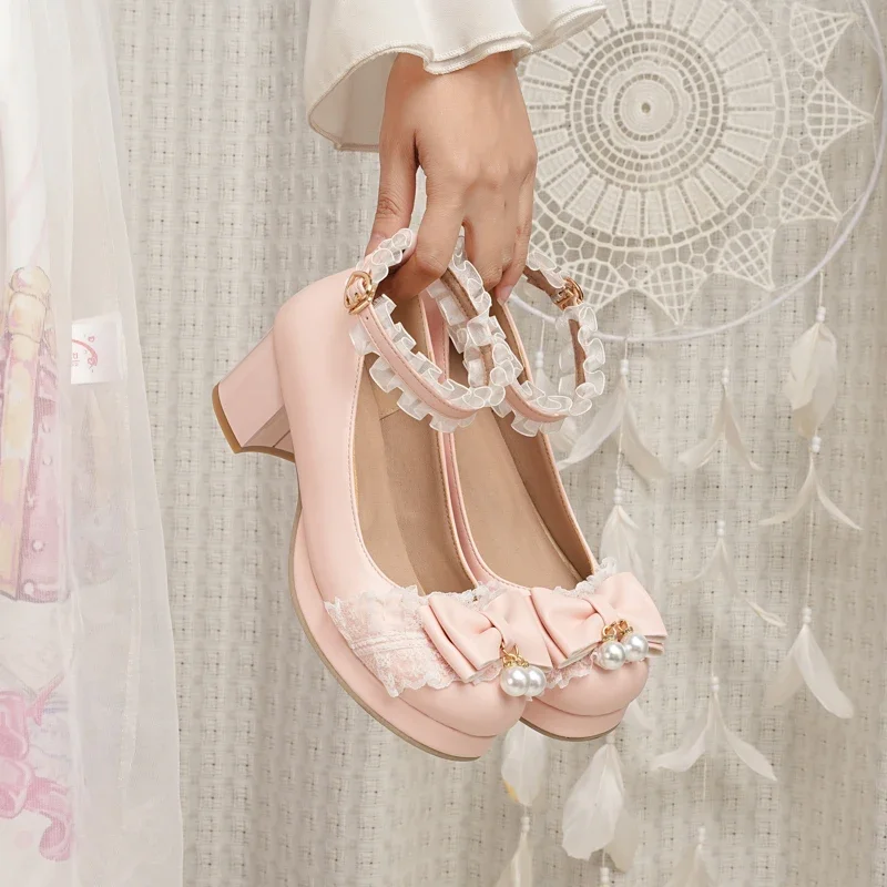 

Womens Ankle Strap Lolita Shoes Platform Mary Janes Mid Chunky Heels Kawaii Party Cosplay Dress Pumps with Lace Bow Plus Size