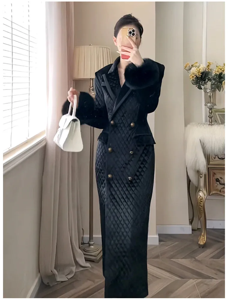 2023 Autumn Winter New Fashion Elegant Wool Sleeves Diamond Pattern Over knee long Coat for women Thickened Warm Overcoat Y4334