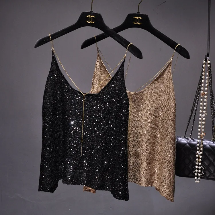 Summer thin shoulder strap sequined V-neck suspender vest metal chain pendant sexy back top wear bottoming shirt women