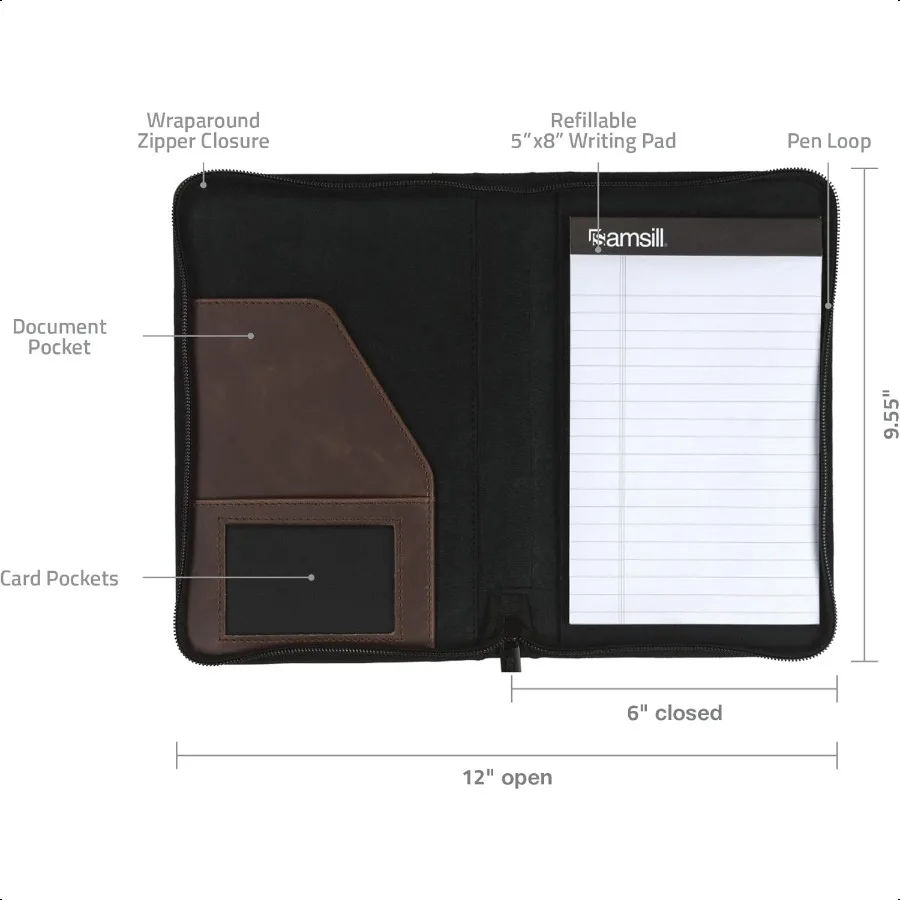 Small  Portfolio Zipper Faux Leather Portfolio Book Style Hardback Design Busin Interview Padfolio Organizer Holds 5 x 8 Writin