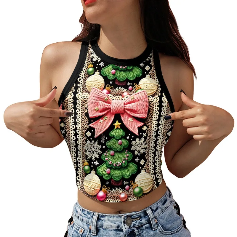 Women's Sleeveless Halter Neck Cropped Vest Snowflake Plaid Print Christmas Holiday Streetwear Slim Fit Tank Top