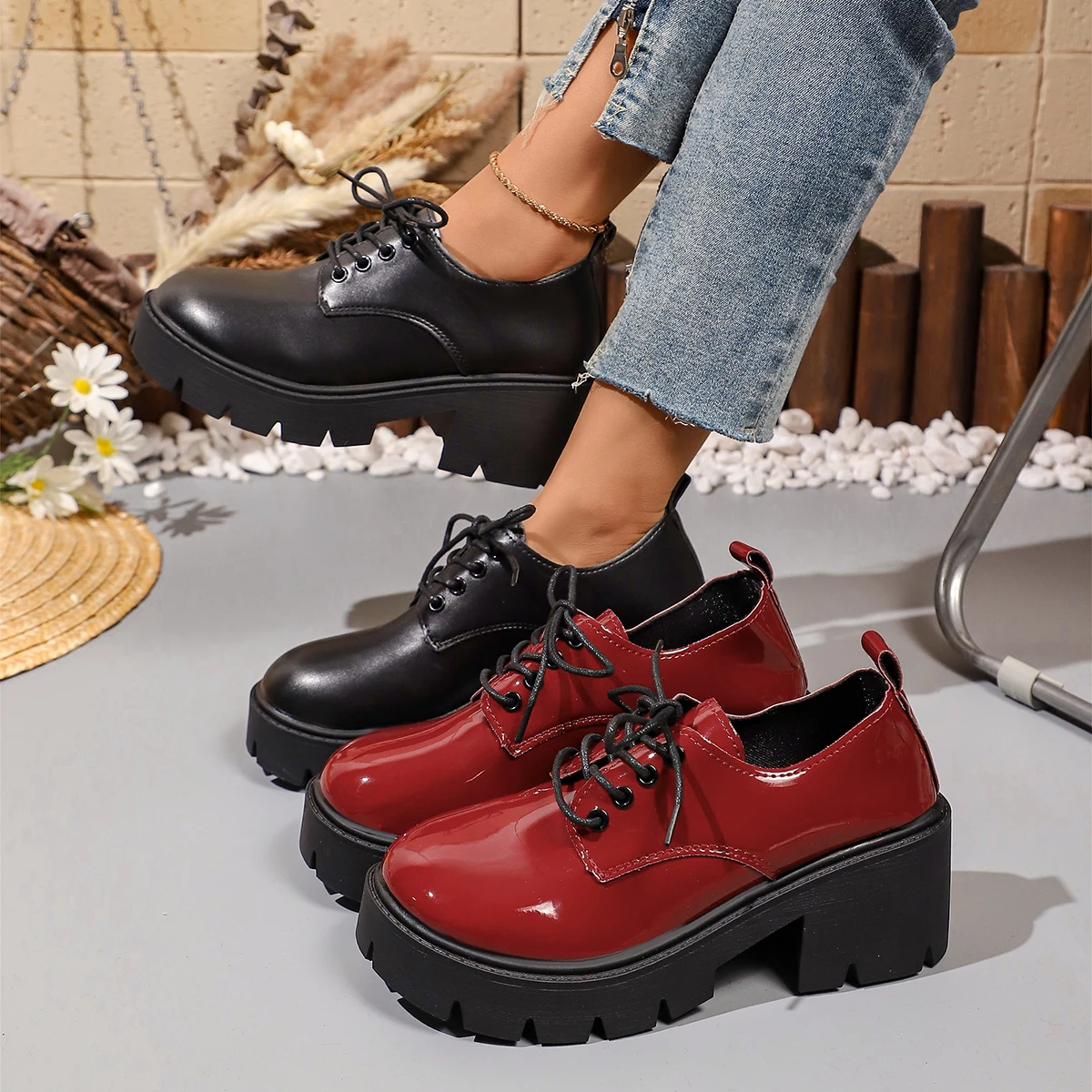 Oxford Lace Up Women - Sepatu Oxford Platform dengan Tali, Model