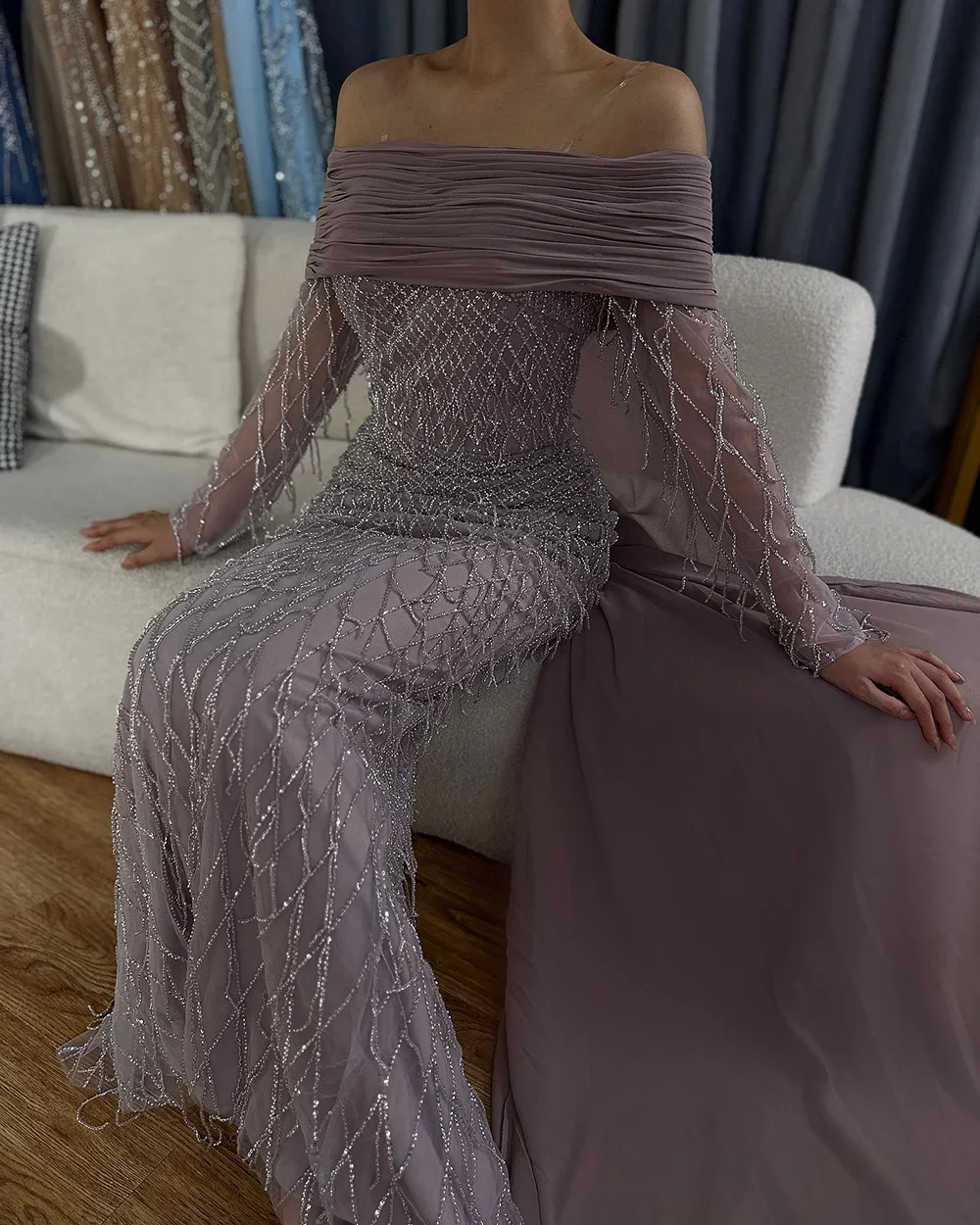 Serene Hill Customized 2025 Lilac Saudi Arabia Off Shoulder Mermaid Tassel Beaded Evening Dresses Formal Occasion Gowns GLA72374