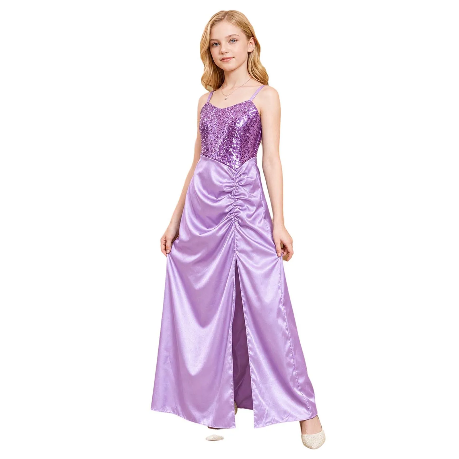 Satin Junior Bridesmaid Dresses Flower Girls Formal Party Dress Shiny Sequin Bodice Side Split Ruched Gown for Wedding Birthday