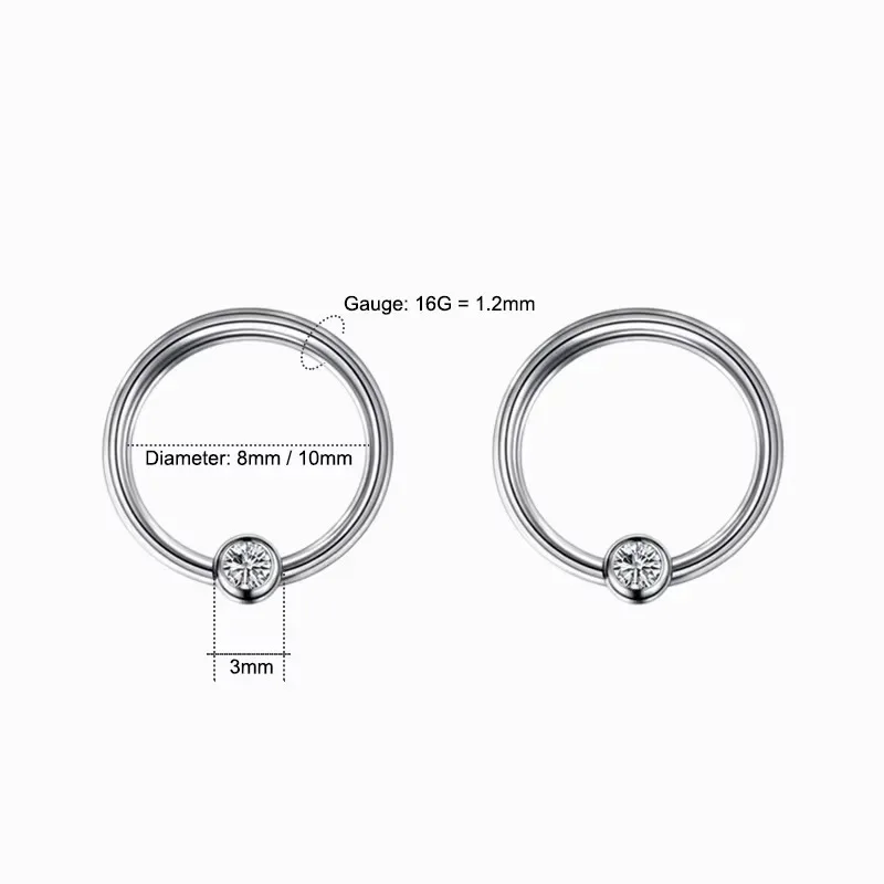 5pcs Every-Day Stainless Steel Jeweled Ball Captive Bead Ring Body Piercing Hoops with 3mm Clear Crystal Ball Captive Bead Rings