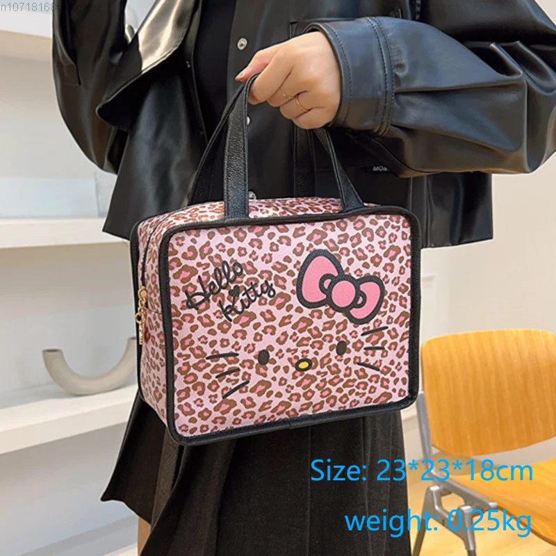 Sanrio Hello Kitty Pink Leopard Zipper Cosmetic Bags Women New Handheld Makeup Bag & Tote Bag PU Leather Lunch Box Bag