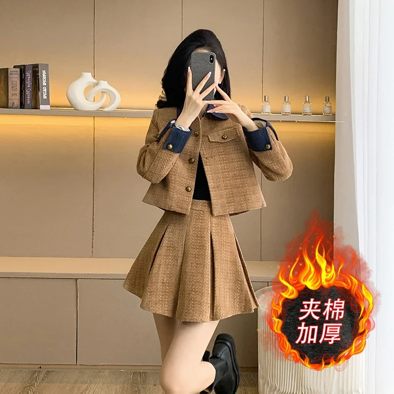 Real Shot French Retro Faux Two-piece Denim Spliced Classic Style Jacket Trendy Pleated Skirt Two-piece Set Autumn Winter Set