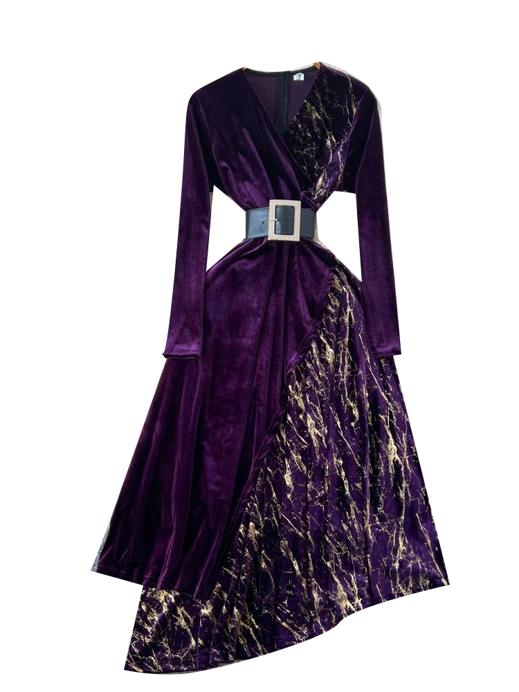 Ele Velvet Dr V-Ne Sparkling Patchwork Asymmetrical Belt High Waist A-Line Skirt Long Sve Ci Commute Suitable
