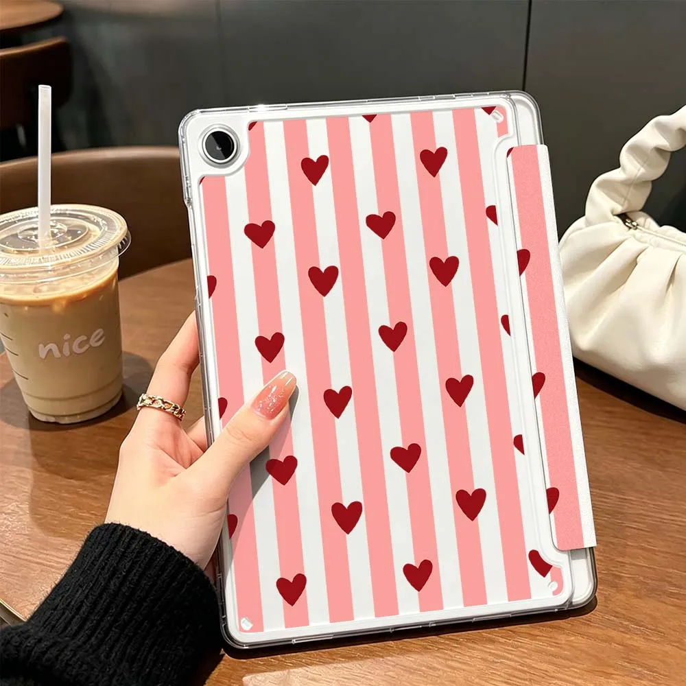 Cartoon Red Stripe Heart Case For Samsung Galaxy Tab A9 A8 A11 S6 S7 S8 S9 S10 FE Plus Lite Transparent Y-Shaped Folding Tablet