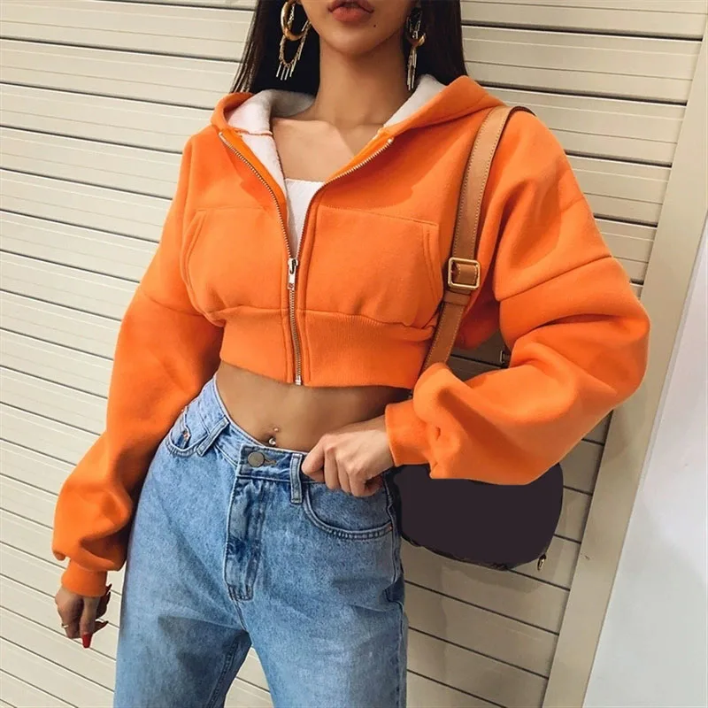 Sudaderas recortadas con cremallera para mujer, ropa de calle Vintage con bolsillos, Sudadera corta, prendas de vestir para mujer, chaquetas con capucha lisas Harajuku Y2K