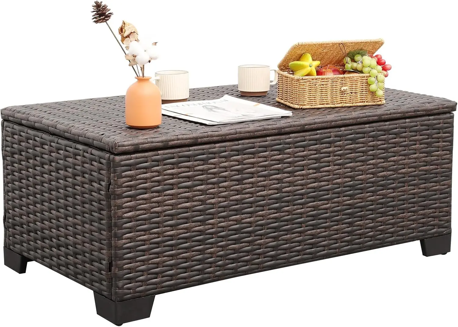 Outdoor Table Patio Furniture All-Weather Patio Table Wicker Coffee Table with Storage and Furniture Cover, Dark Brown