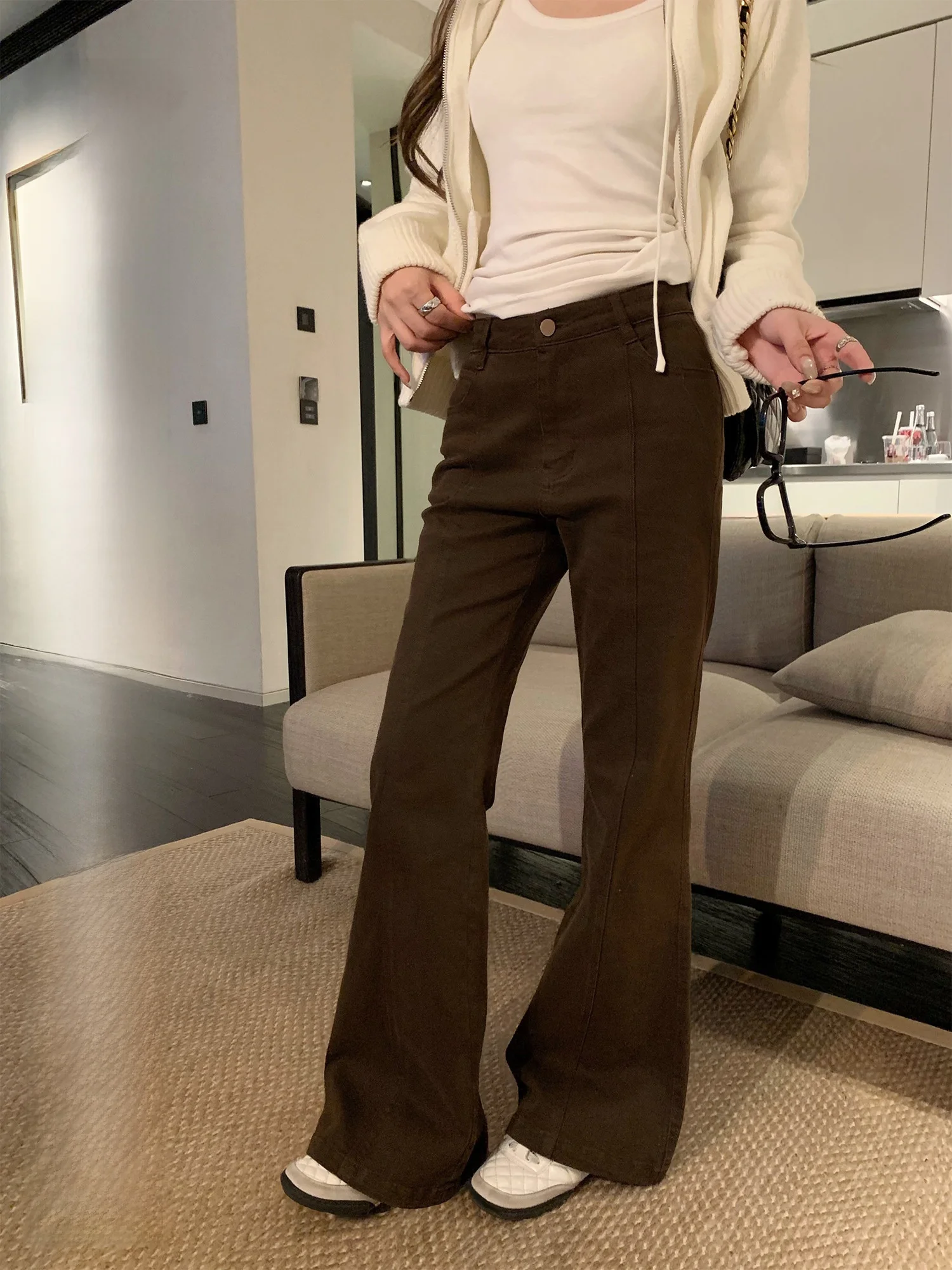 

Винтажные широкие джинсы Hhi с высокой талией и манжетами до щиколотки, женские осенне-зимние модные брюки кофейного цвета с полосатым узором