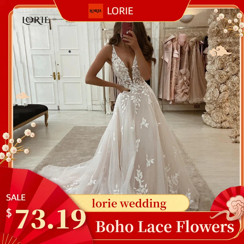 

LORIE Boho Lace Elegant Wedding Dresses Low-Cut V-Neck Applique Bride Gowns Princess Spaghetti Strap Bridal Gown PartyCustomized