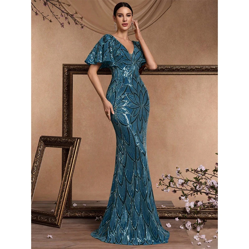 Letnia Odzież Damska Elegancka Sukienka Koktajlowa/Balowa z Rozkloszowanymi Rękawami, Głęboki Dekolt V, Niebieska, Z Cekinami, Długa Sukienka Vestido De Festa