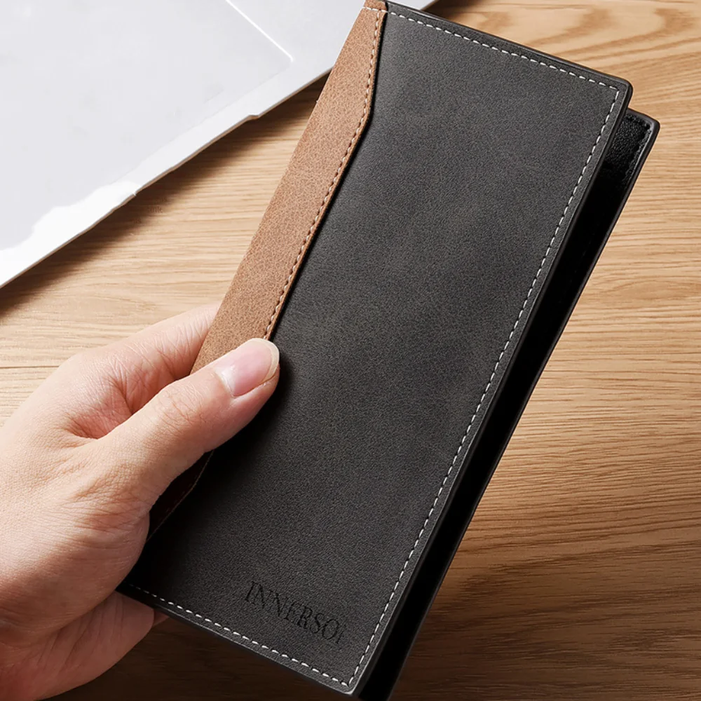 Casual Long Purse Frosted Splicing Wallet PU Leather Multifunction Men's Long Wallet Business Large Bifold Wallet Male