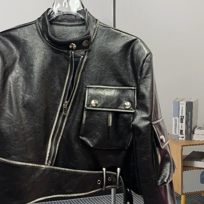 秋の女性の黒のショートフェイク Pu レザージャケットスタンドアップカラー長袖斜めジッパー不規則な裾バイカージャケットストリート