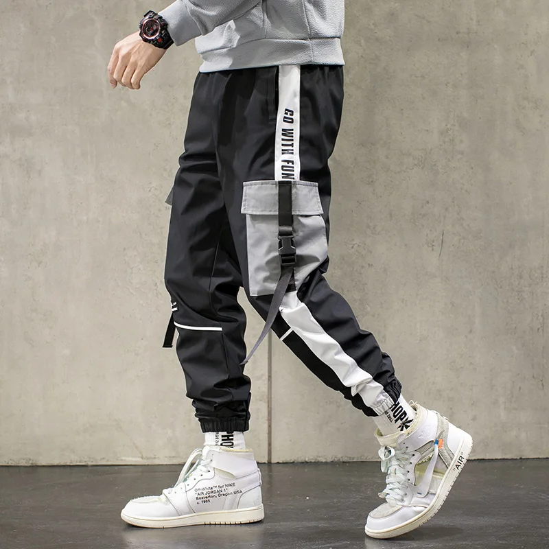 

Streetwear Men Black Joggers Pants Summer Nice Mens Big Pockets Ribbons Hiphop Cargo Pants Male Overalls Sweatpants Dropshipping