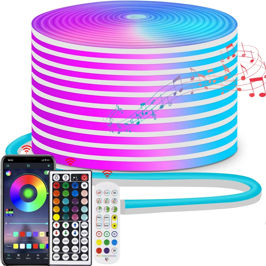 WiFi/Bluetooth/Remote 12V Led RGB Neon Strip Rope Light Flexible Led Tape Silicon Waterproof DIY Neon Sign Decor Gaming Room