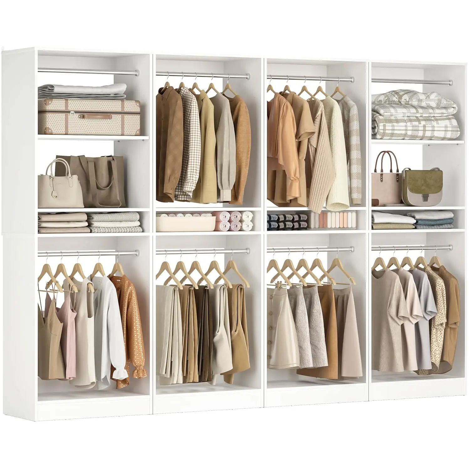 Wood Closet Organizer with 8 Hanging Rods, Adjustable Wardrobe Tower, Garment Rack, Easy Assembly, Set of 4, White, Customized