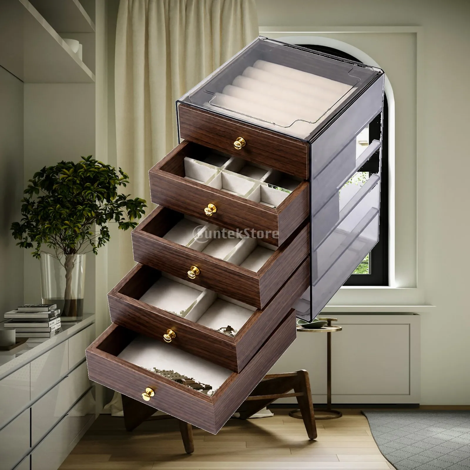 Compact Jewelry Storage Box Organizer Cabinet with See Through Lid Soft Flocked Trays for Earrings and Rings