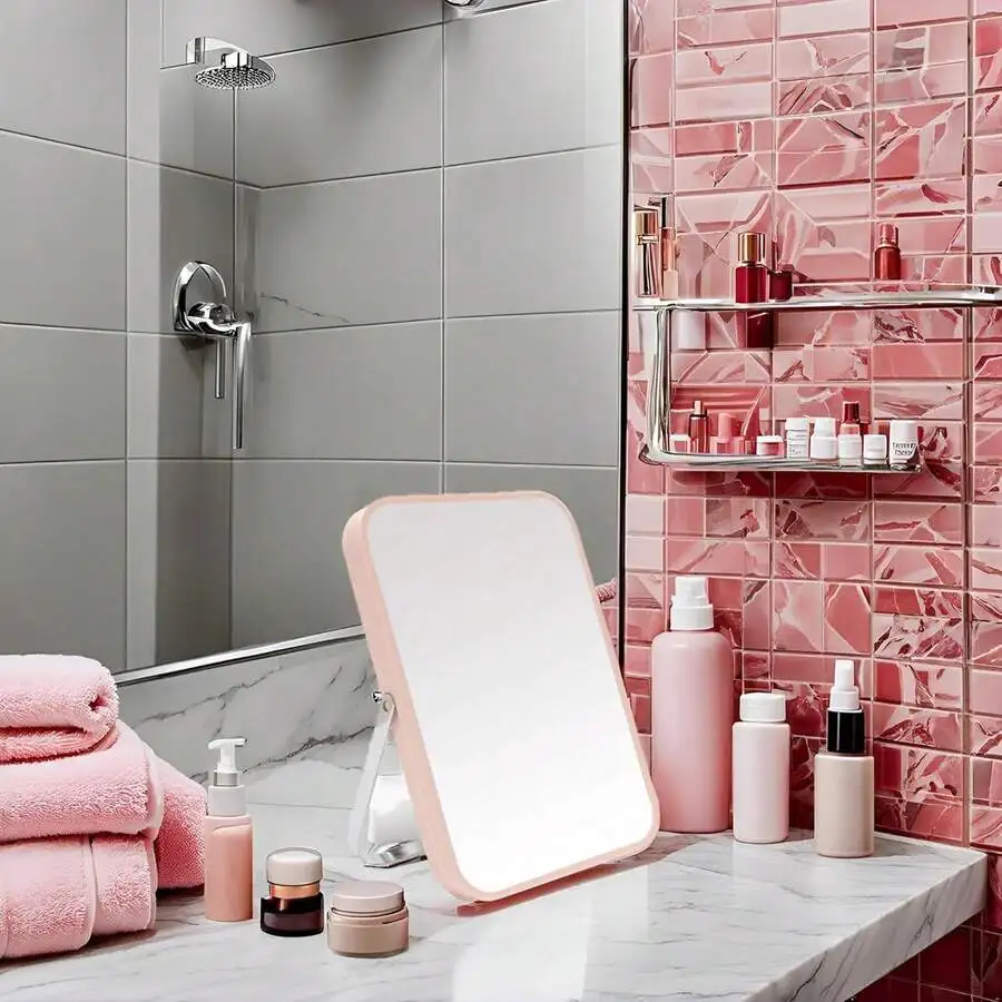 

Portable Folding Makeup Mirror With Metal Stand 8 Inch 90 Degree Adjustable For Bathroom Shower Shaving Pink