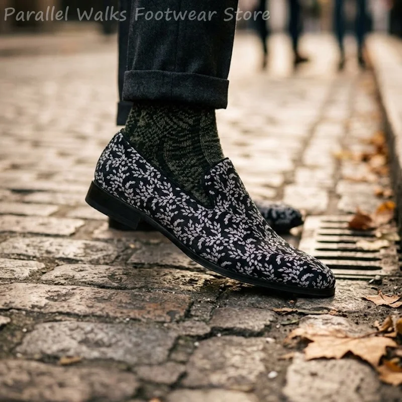 Men Jacquard Leaf Print Fabric Loafers Slip On Smart Casual Dress Shoes Party Wedding Tuxedo Promenade Smoking Slippers Flats