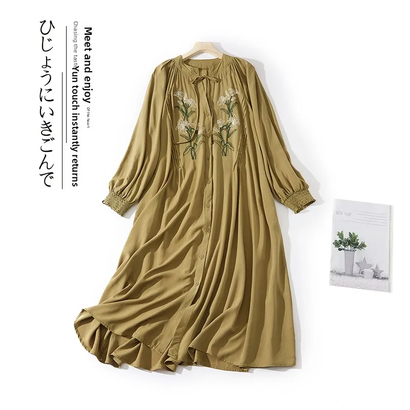 

Retro Embroidered Dr Autumn plus Size Women's Clothing Stand Collar Belted Single Button Hip Concealing Long Sve Dr