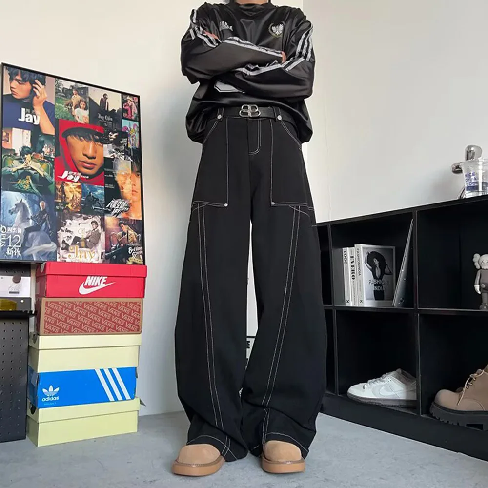 夏のメンズだぶだぶのジーンズソリッドカラーシームオーバーオール大きなポケットカジュアルファッショントレンドストリートヒップホップシンプルなニッチメンズボトムス