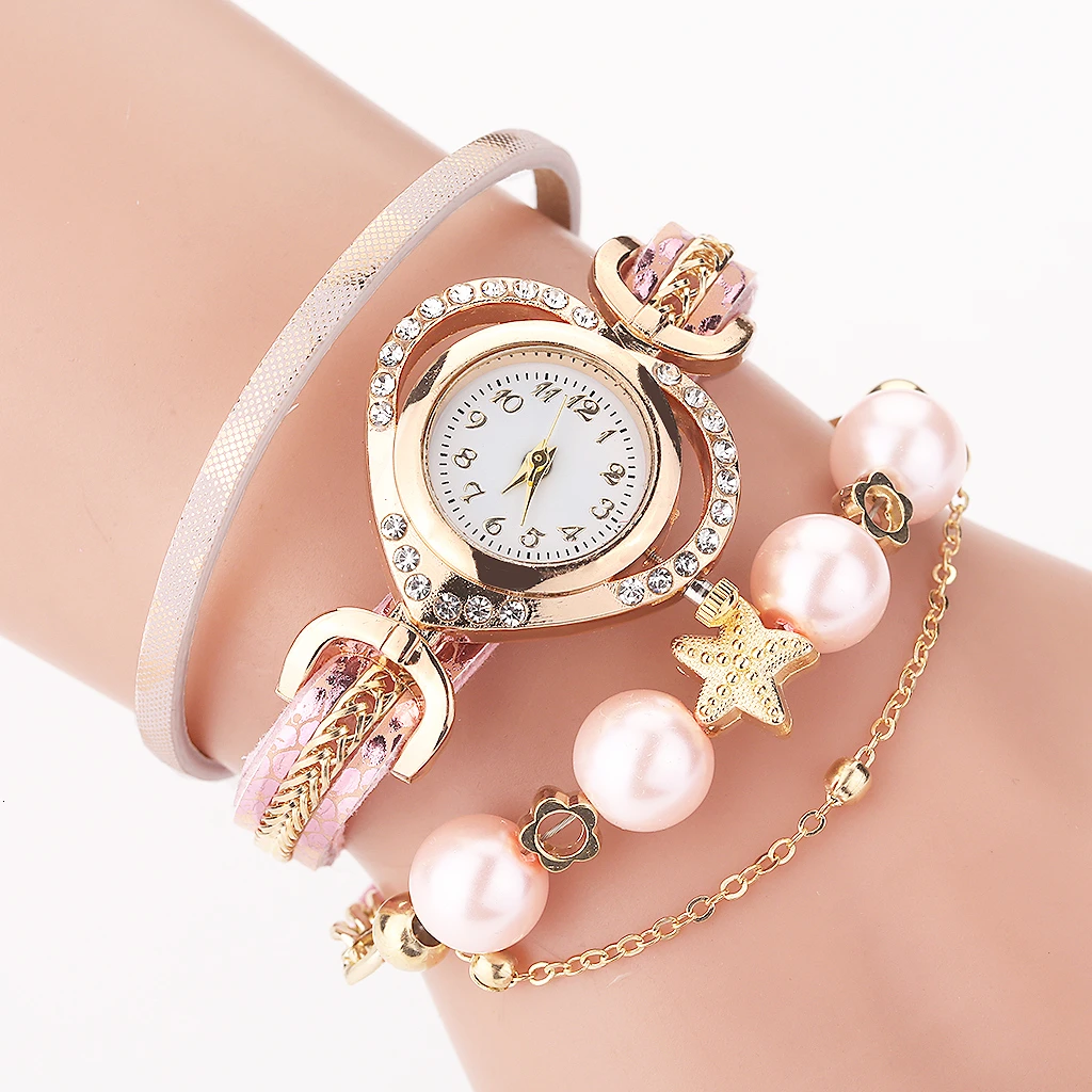 High Quality Women Bracelet Watches With Pearl Pendant  Luxury Ladies Leather Quartz Rhinestone Wristwatches Clock