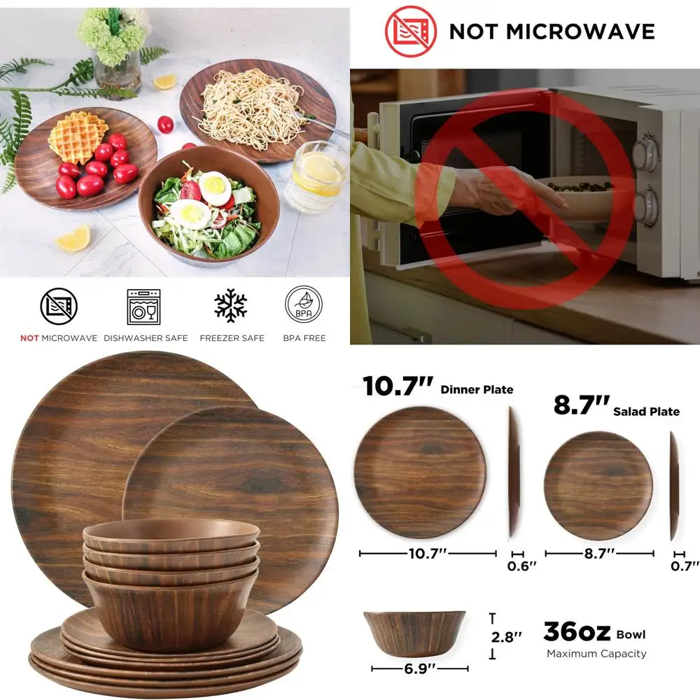 

Набор столовой посуды из меламина на 4 человека с мисками и тарелками, прочный и легкий, текстурированный дизайн дерева