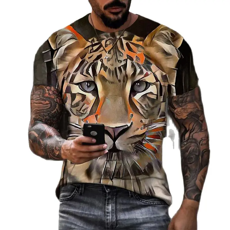 

New Summer Men'S 3d Printed Animal Tiger Color Leopard Print Street Fun Personality O Collar Short Sleeve Baggy Plus Size Top