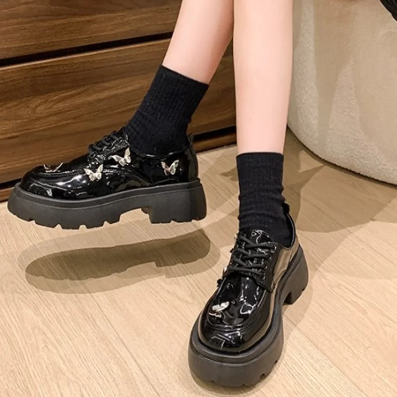 Shoes Woman Flats Clogs Platform British Style Oxfords Autumn Dress New Summer Creepers  Leather Fall High Mary Janes Lace
