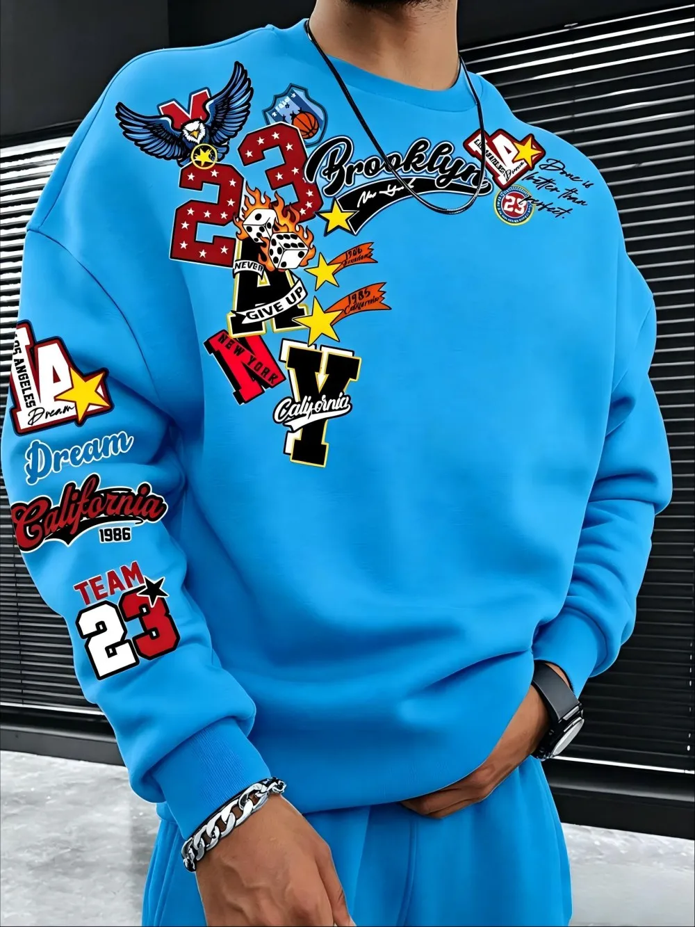 American men's autumn Brooklyn letter graffiti print soft breathable round neck long sleeved T-shirt outdoor street top