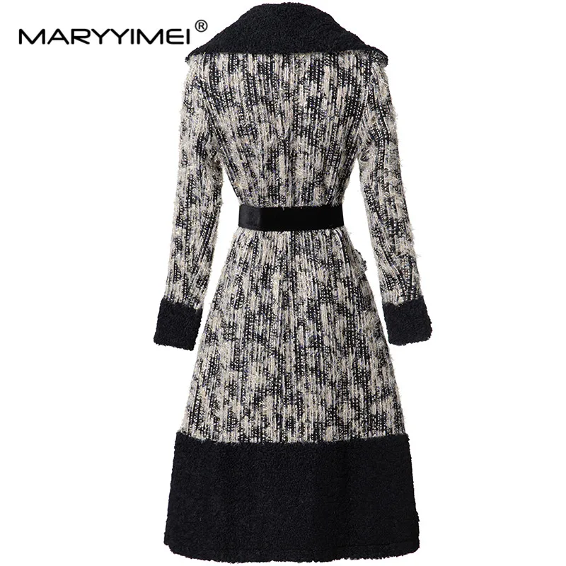 MARYYIMEI Autumn and winter Women's Coat Notched Long-Sleeved Single-breasted Lace-Up Tunic Grey S-3XL Long Overcoat