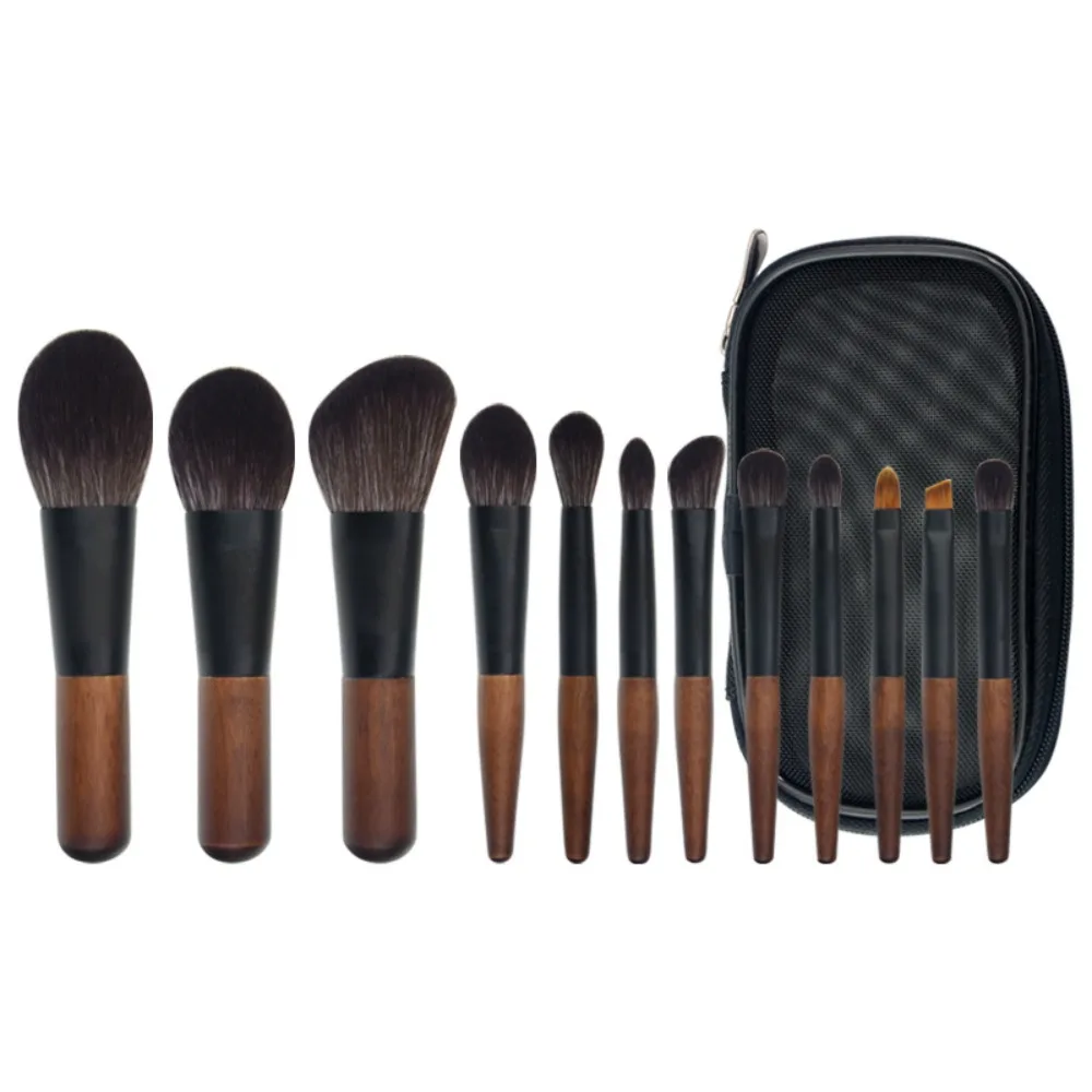 12 pçs simples lábio forro mini conjunto de escova de maquiagem madeira peludo sombra compõem kit ferramenta cosmética blush sobrancelha rolo escova viagem