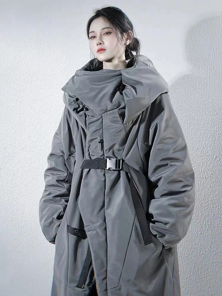 Piumino invernale con cappuccio irregolare di media lunghezza da donna Piumino imbottito in cotone al ginocchio Piumino femminile spesso caldo lungo Parker Outwear