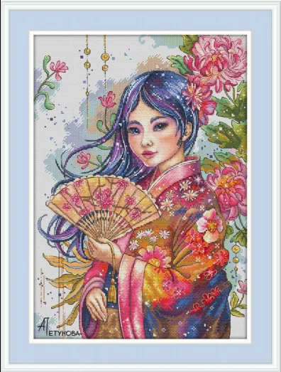 Cross stitch Kit 14CT Canvas Cross Stitch Embroidery Set Craft -chrysanthemum Girl 38-40 Cross Stitch Set