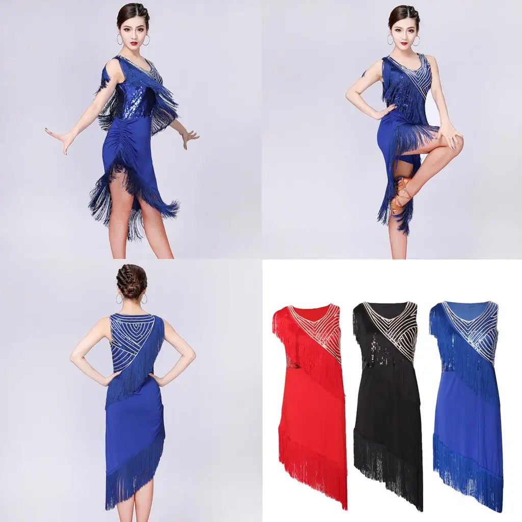 Latin Ballroom Dance Dress Women Sparkly Tassel V Neck Praise Dance Costume for Party Show
