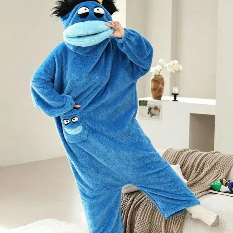 Dark Under-Eye Circles Big Mouth Monster Coverall Autumn Winter Fleece-Lined Thicken Keep Warm Pajamas Couple Set Wacky Homewear