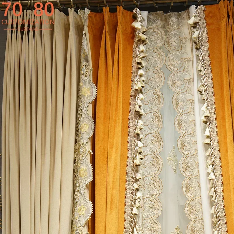 Light Luxury French Orange Flannel Lace Stitching Blackout Curtains for Living Room and Bedroom Customized Products