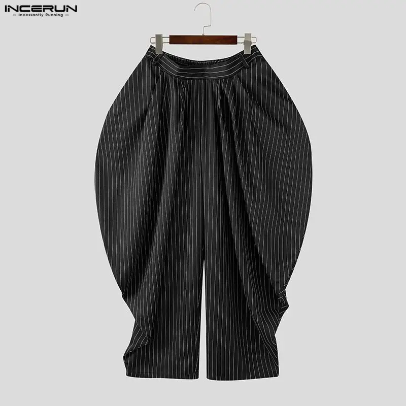 INCERUN Men's Striped Pants Elastic Waist Joggers Pleated Loose Wide Leg Trousers For Man Streetwear 2026 Oversize Casual Pants