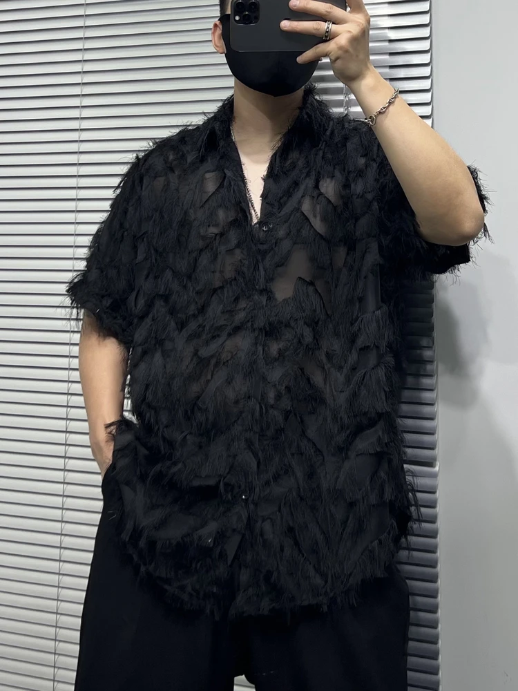 Men's 2025 Summer New Niche Personalized Hollow Out Loose Comfort Thin Tops Handsome Shirts Men's Lapel Fashion Tassels Shirts