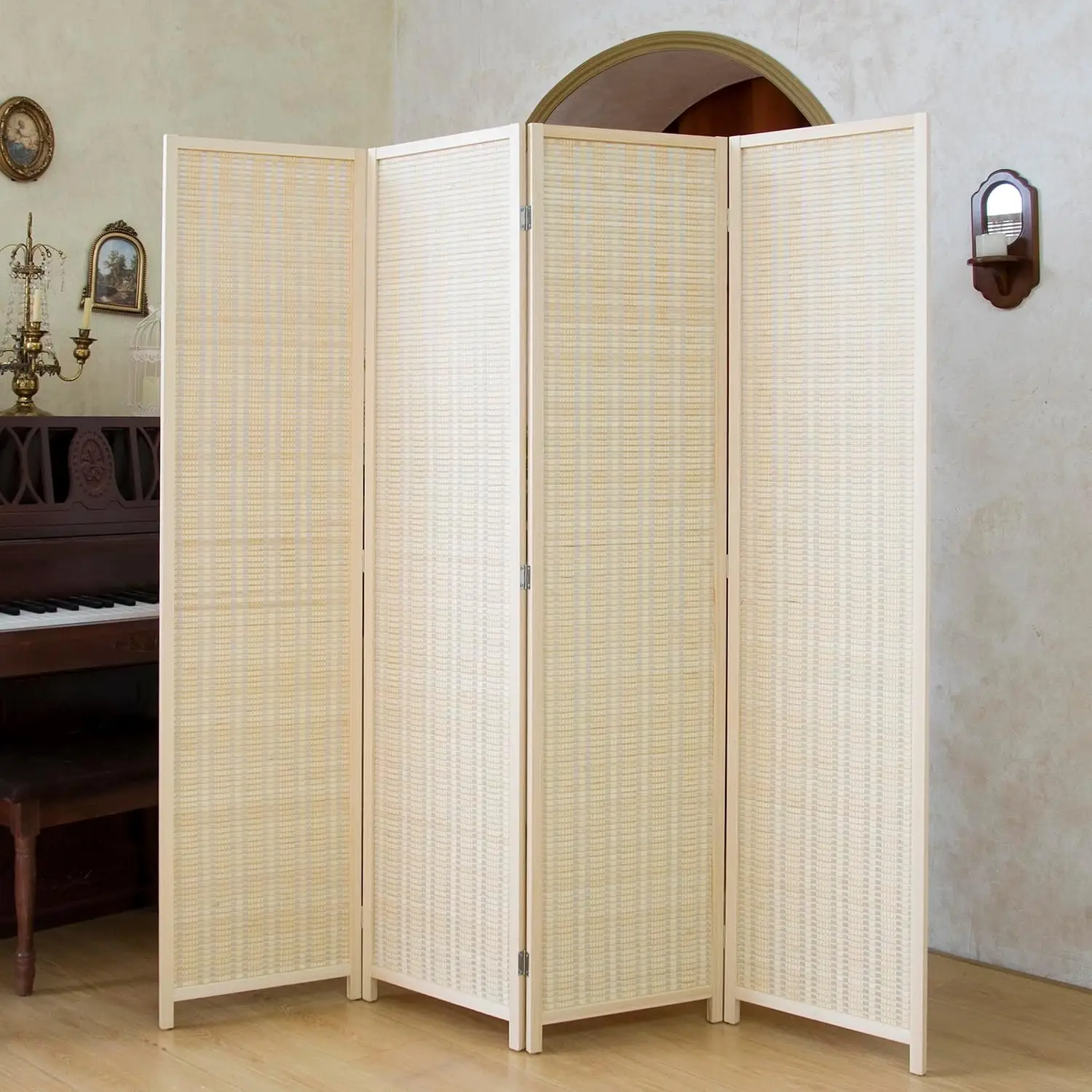 4 Panel Bamboo Room Divider 56 Ft Tall Natural Beige Folding Privacy Screen Double Sided Freestanding Partition Wall Natural Woo