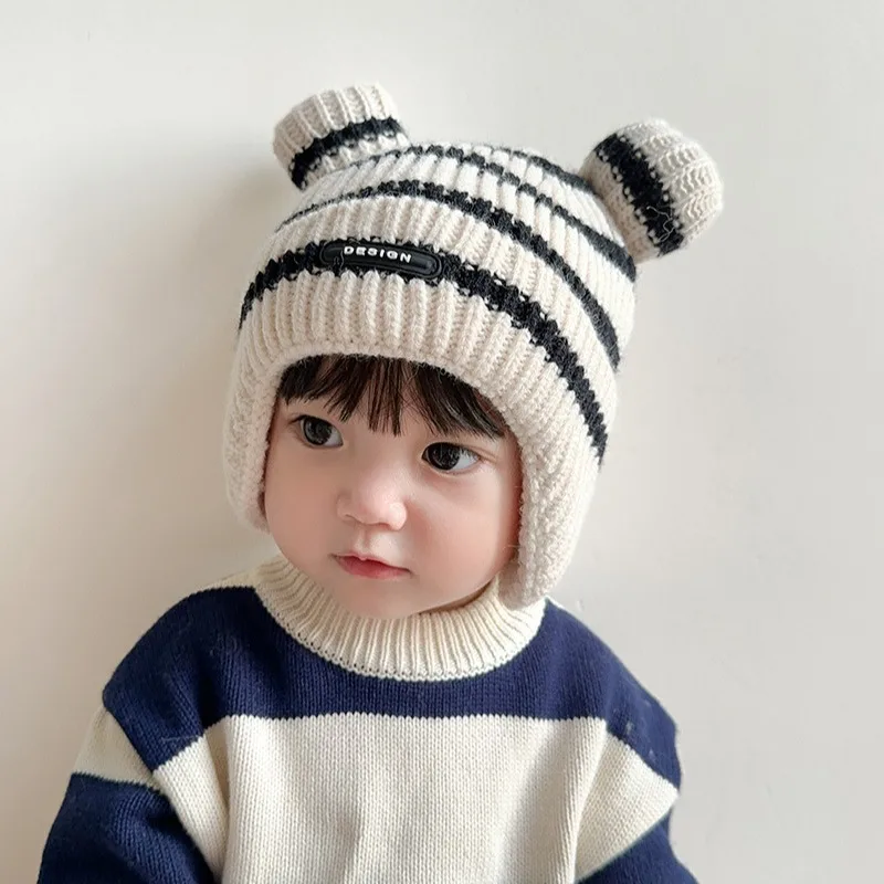 شتاء دافئ الطفل سدادات حماية الأذن قبعة موضة مخطط الاطفال قبعات منسوجة 6-12 شهر الوليد غطاء للأذنين قبعة سميكة الصوفية الرضع بيني